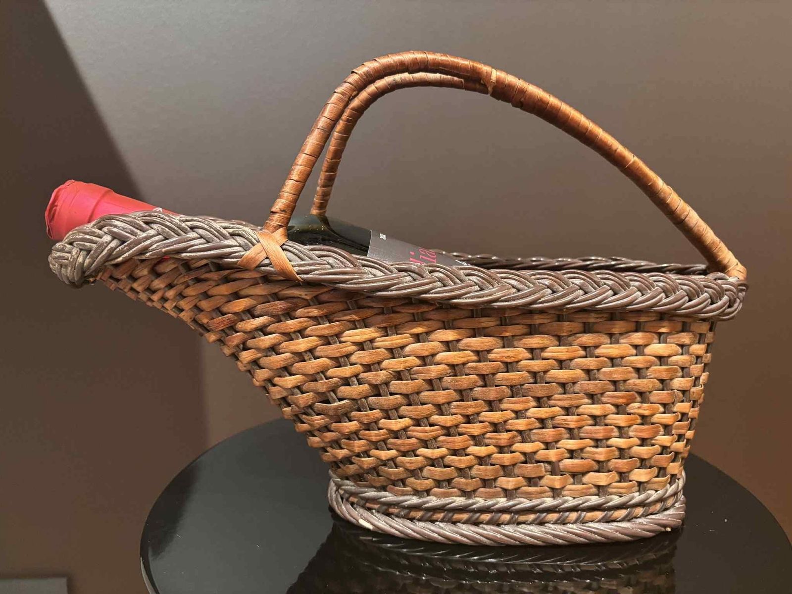 Wicker Wine Bottle Holder – French Rattan Wine Cradle Basket – 1970s photo for sale