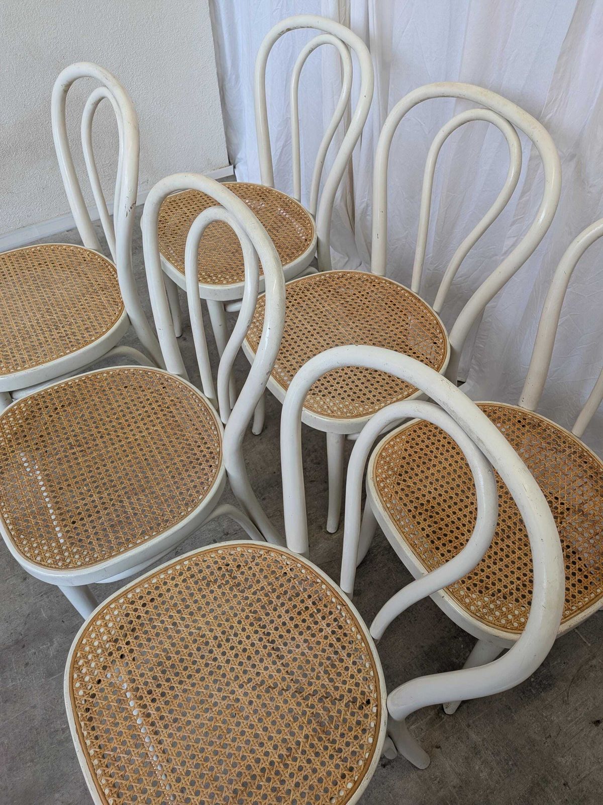 Set Of 6 Vintage Thonet Style Dining Chairs: White Wood & Cane Seat photo furniture