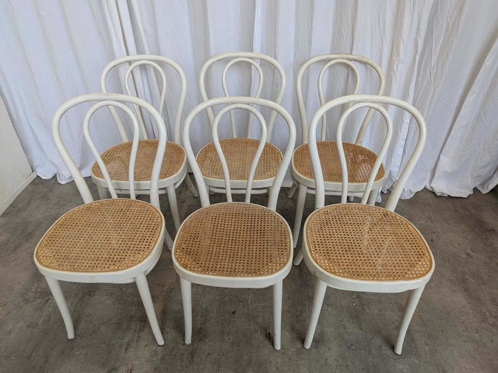 Set Of 6 Vintage Thonet Style Dining Chairs: White Wood & Cane Seat photo for sale
