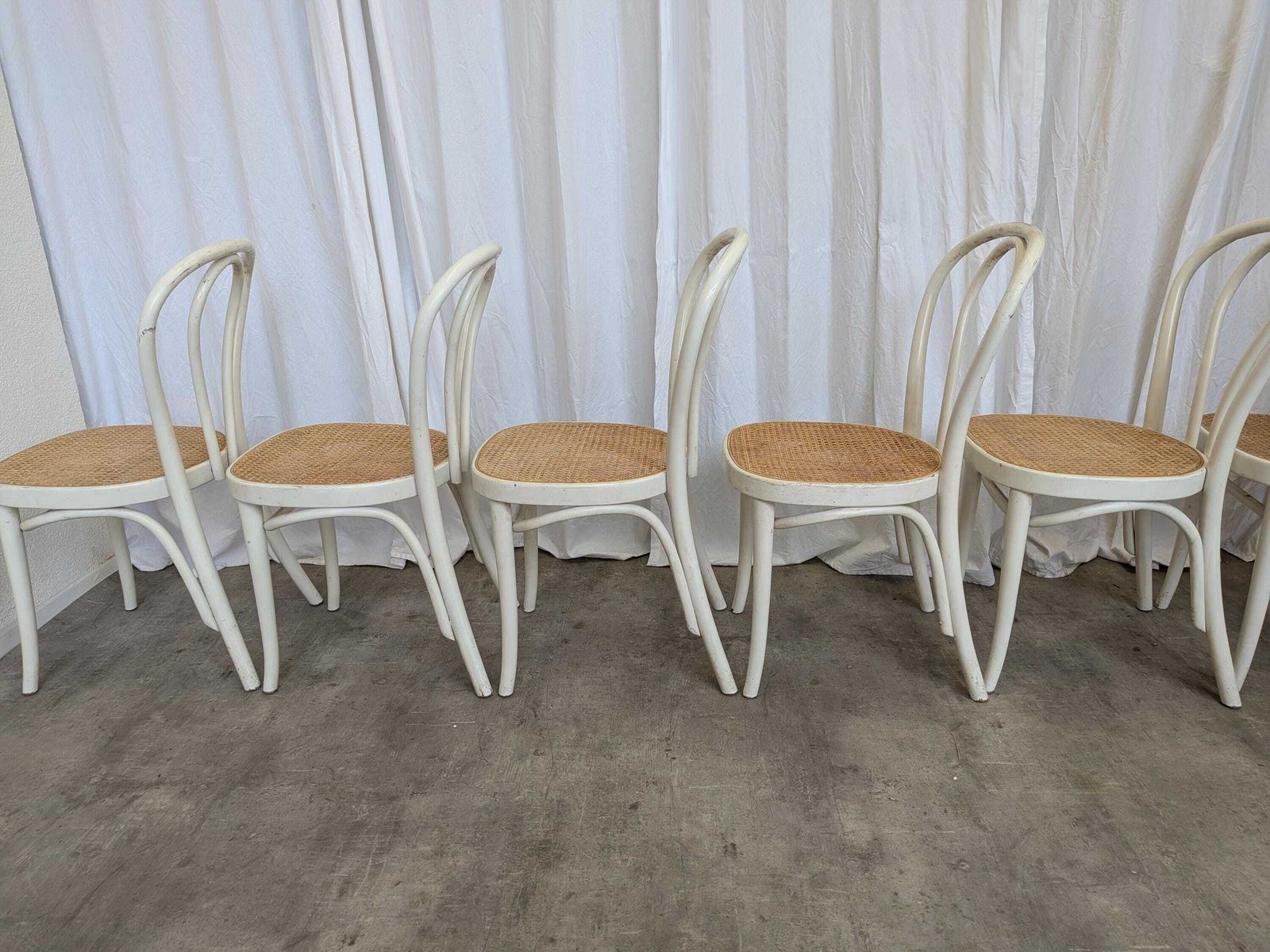 Set Of 6 Vintage Thonet Style Dining Chairs: White Wood & Cane Seat photo buy