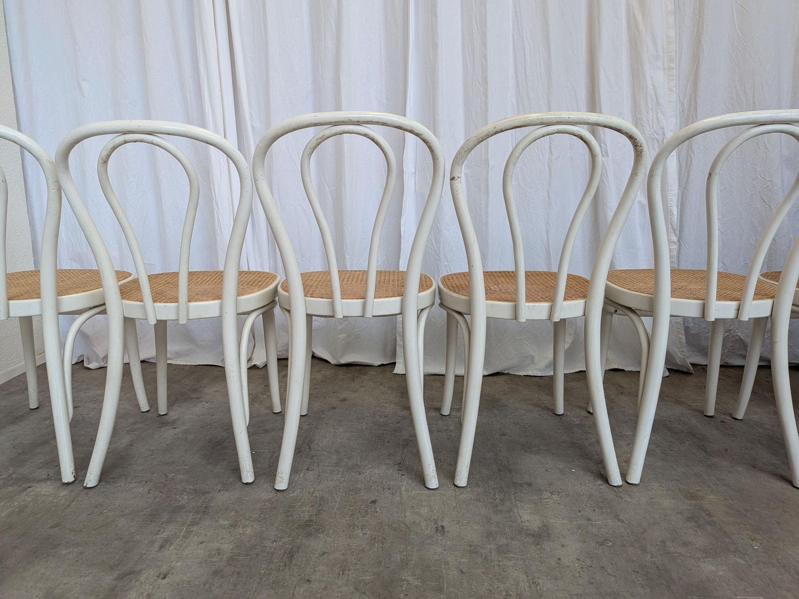 photo furniture Set Of 6 Vintage Thonet Style Dining Chairs: White Wood & Cane Seat