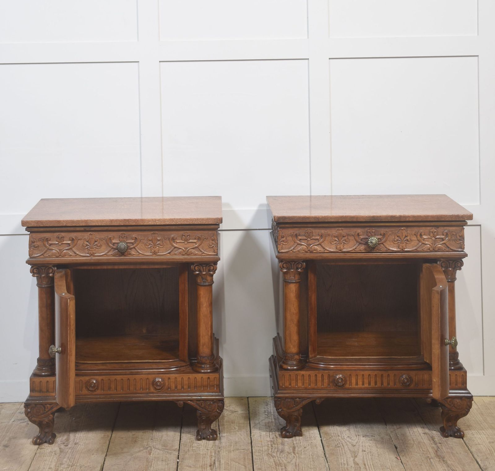 Furniture Pair Of Carved Mahogany Bedside Cabinets photo