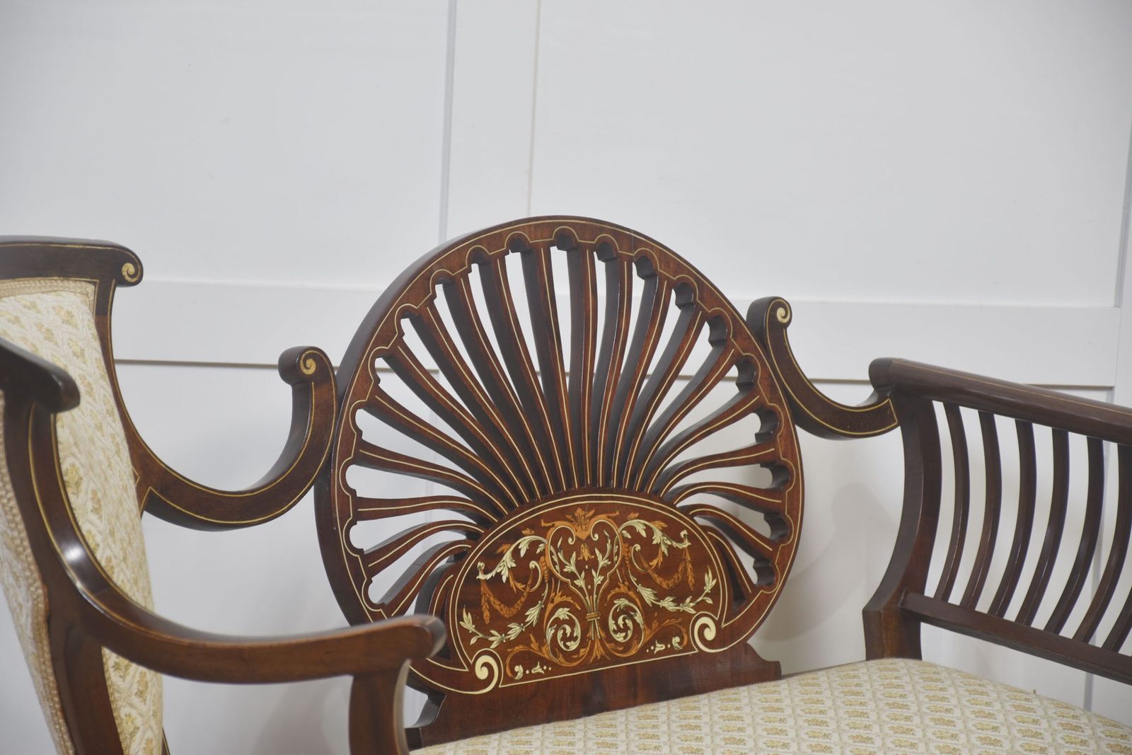 Mahogany Settee With Fan Back And Floral Marquetry photo vintage