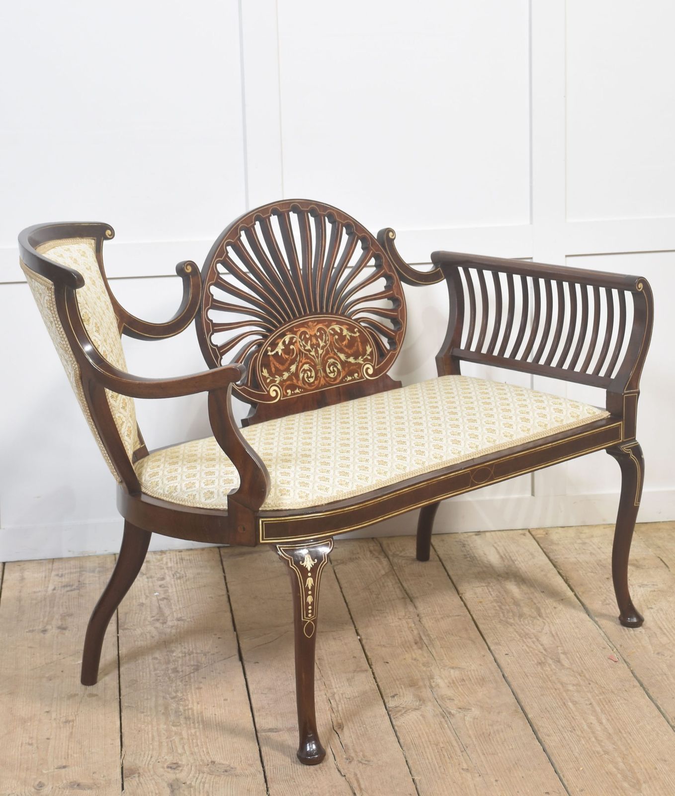 photo furniture Mahogany Settee With Fan Back And Floral Marquetry