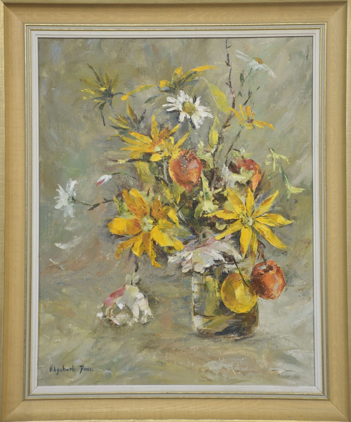 Oil On Canvas Still Life With Yellow Flowers And Fruit photo vinterior