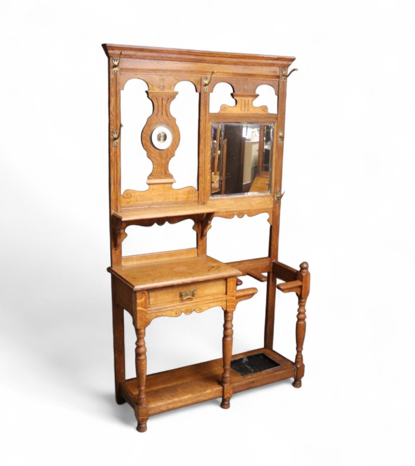 Antique Edwardian Oak Hall Stand Barometer & Mirror Arts & Crafts Style C.1905 photo furniture