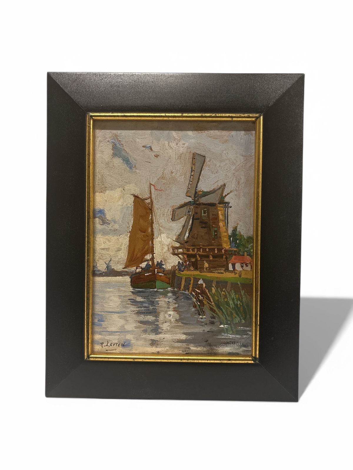 Impressionist Scene Of A Sailboat And Windmill By R Leyton Early 20th Century