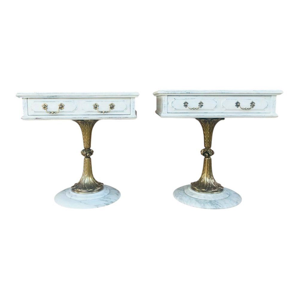 Neoclassical Side Tables With Drawers And Marble Bases, 1950, Set Of 2