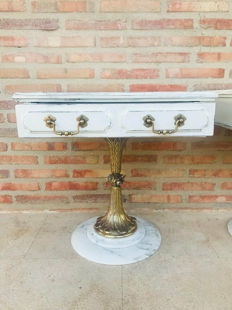 Neoclassical Side Tables With Drawers And Marble Bases, 1950, Set Of 2 photo for sale