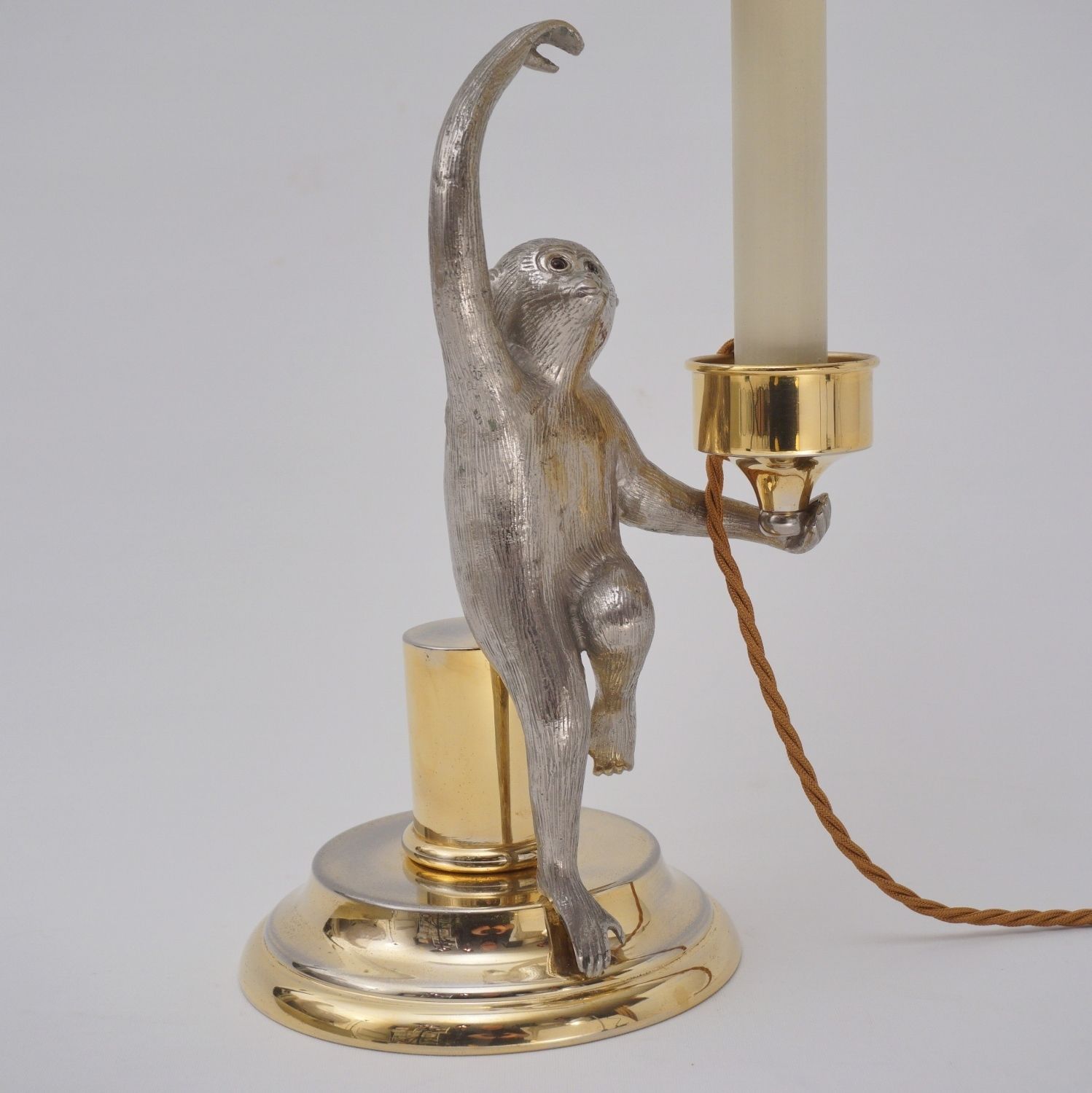 Monkey Vintage Surrealist Candlestick Table Lamp By Hauy Pouigo, Signed, In Silver Plated Bronze & Brass, 1970`s Ca, Italian photo for sale