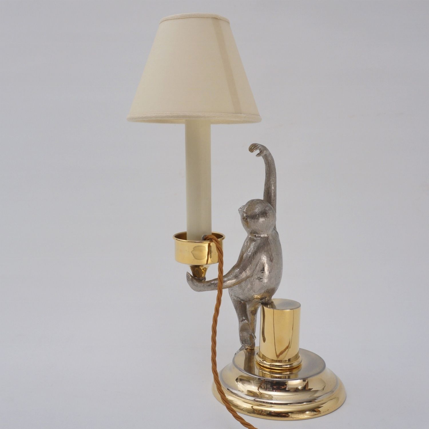 Monkey Vintage Surrealist Candlestick Table Lamp By Hauy Pouigo, Signed, In Silver Plated Bronze & Brass, 1970`s Ca, Italian photo buy