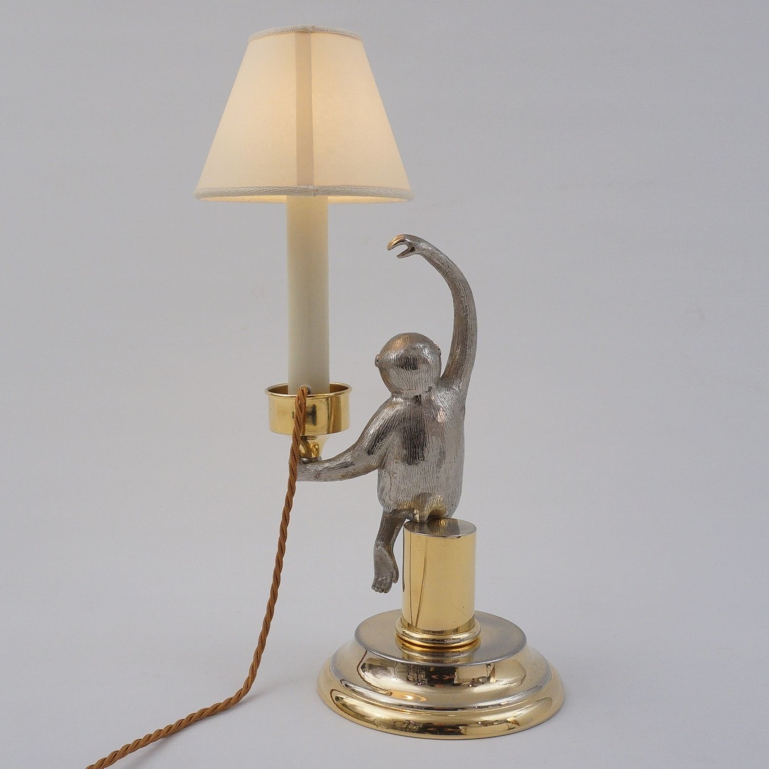 Monkey Vintage Surrealist Candlestick Table Lamp By Hauy Pouigo, Signed, In Silver Plated Bronze & Brass, 1970`s Ca, Italian photo vintage