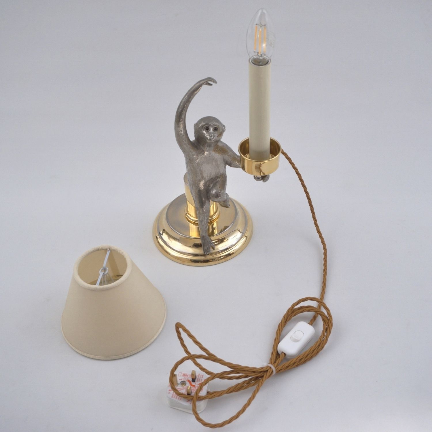 photo furniture Monkey Vintage Surrealist Candlestick Table Lamp By Hauy Pouigo, Signed, In Silver Plated Bronze & Brass, 1970`s Ca, Italian