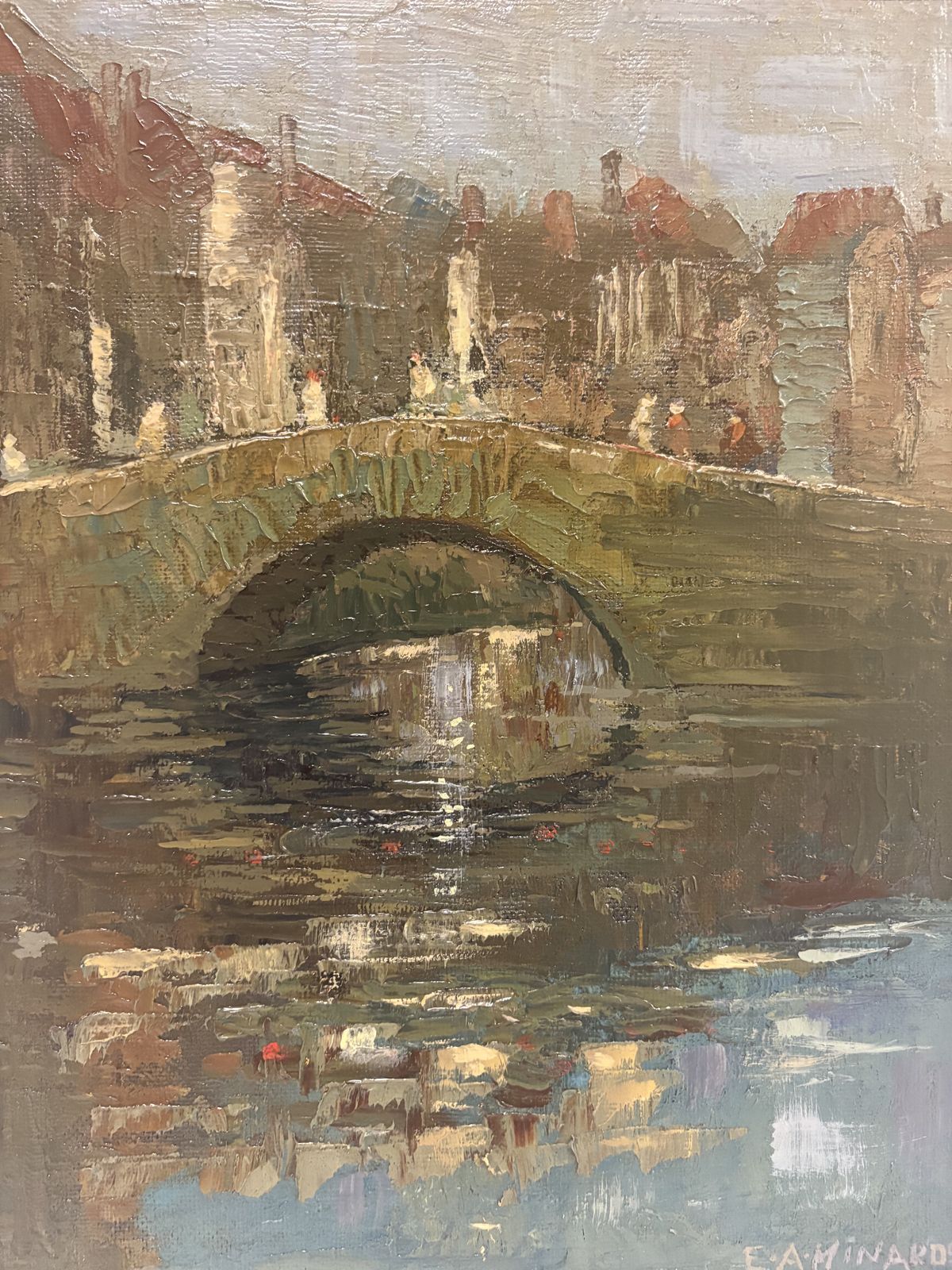 Oil Painting Of Figures On A Bridge In A Continental City By E A Minardo 1940s photo Art