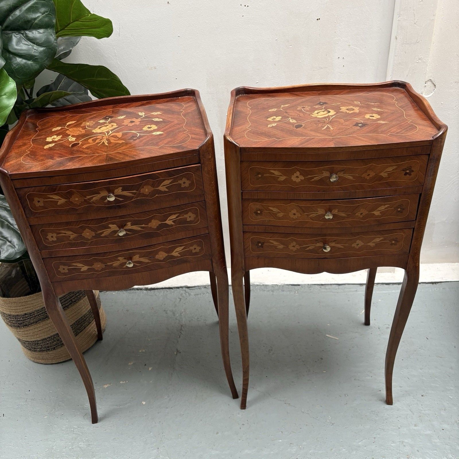 Pair French Provincial Inlaid Tulip Wood “Chevets” Nightstands Bedside Tables photo Furniture