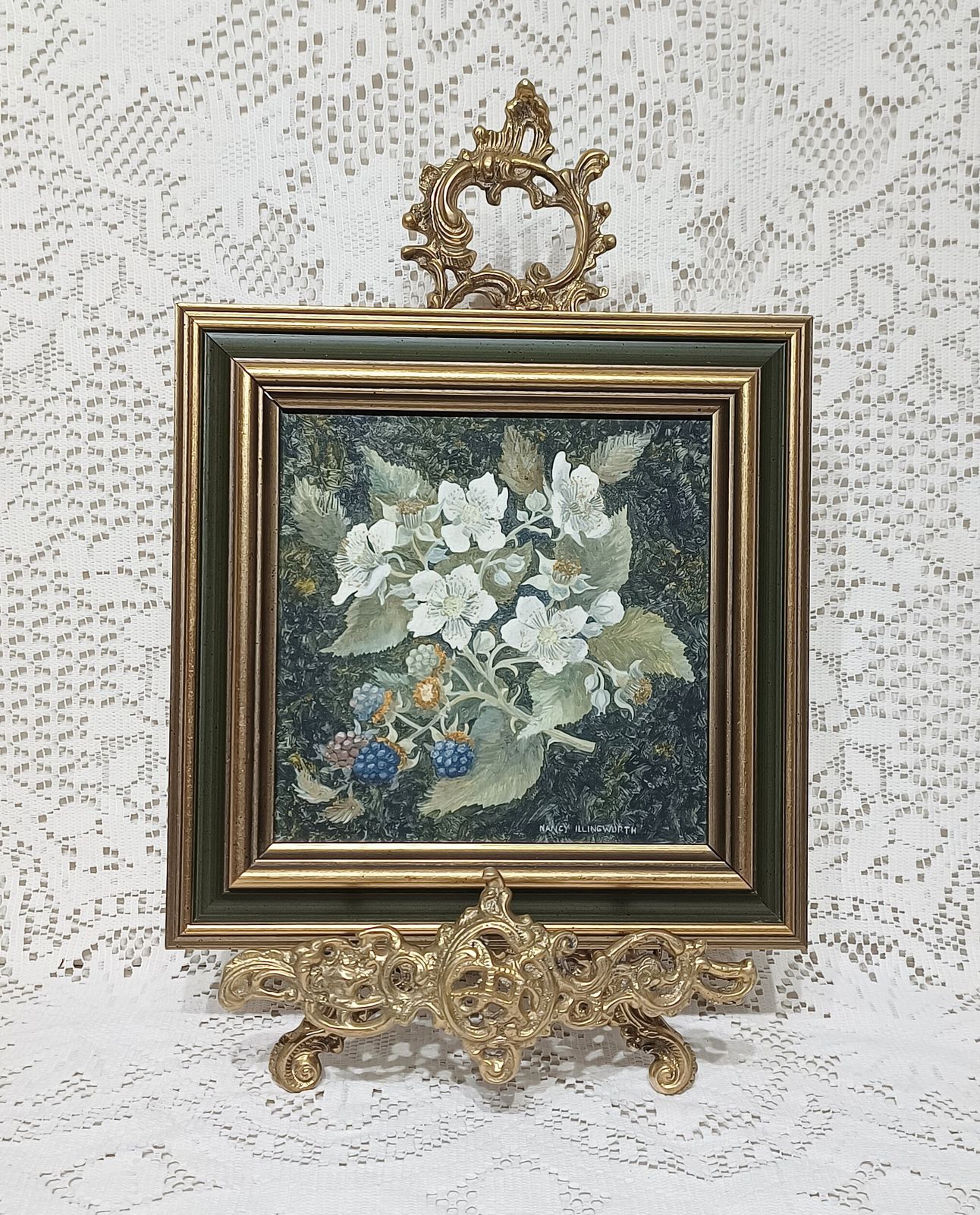Original Oil Painting Still Life Black Berry And White Blossom Signed Nancy Illingworth. photo furniture