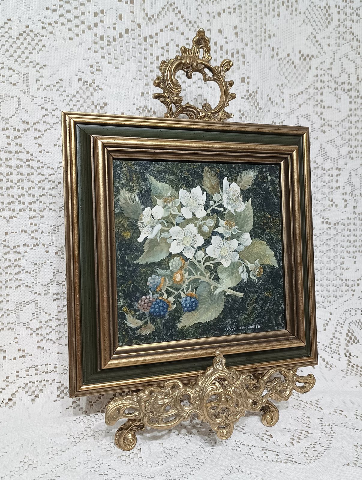 Original Oil Painting Still Life Black Berry And White Blossom Signed Nancy Illingworth. photo Art