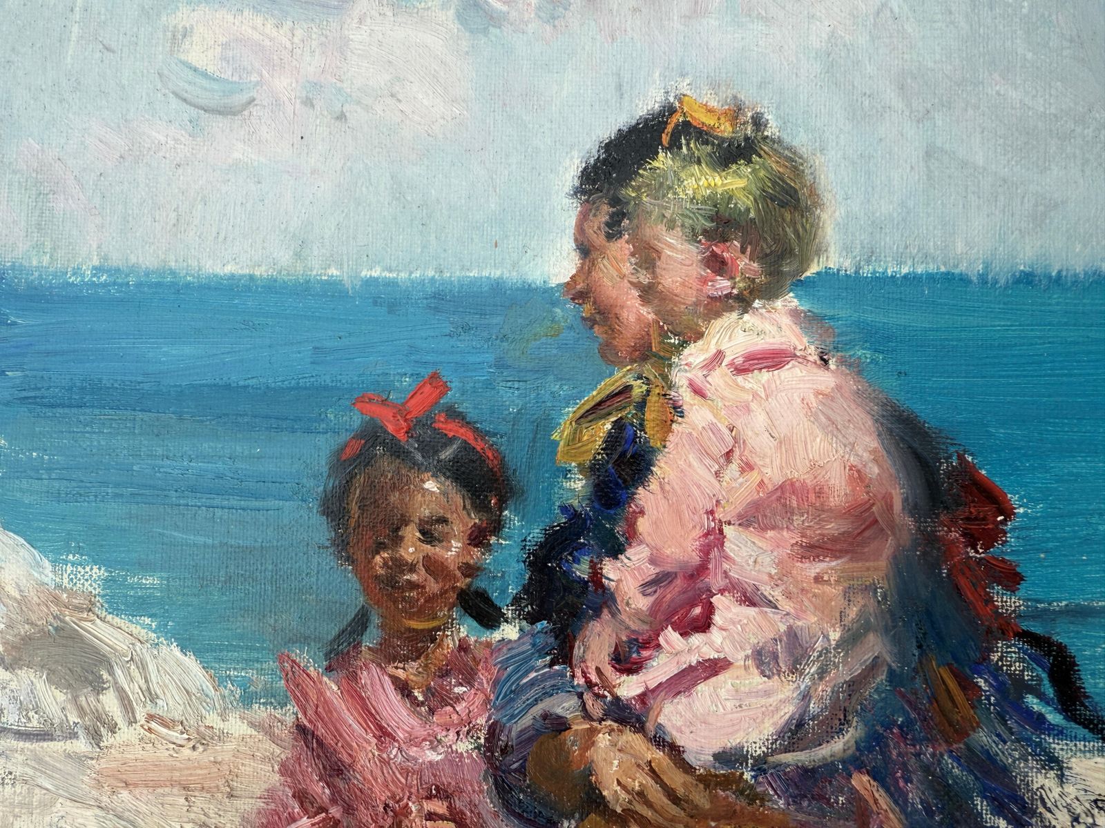 Ignacio Gil Sala Street In Ibiza With Children Spanish Seascape Oil On Canvas Painting C.1980 photo for sale