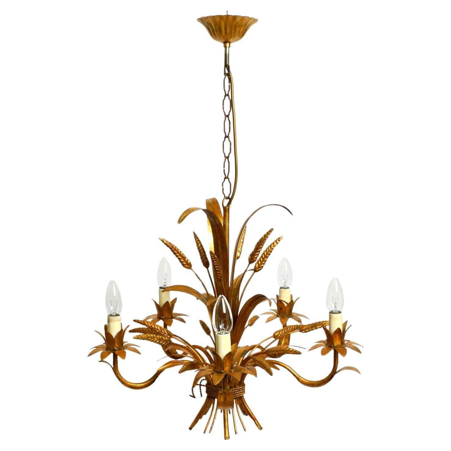 Beautiful 1970s Gold Plated 5 Arm Tall Metal Chandelier By Hans Kögl