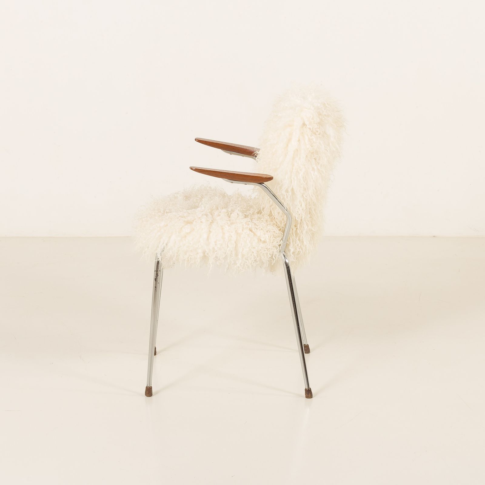 Mid Century Long Hair Sheepskin Chair In The Style Of Arne Jacobsen, Denmark 1950s photo vintage