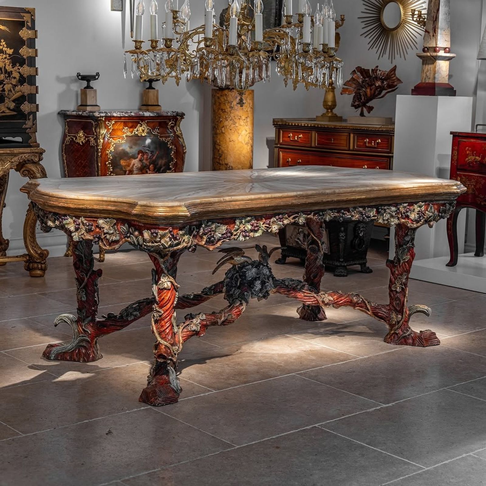 photo for sale Outstanding Italian Carved Wood Polychrome Centre Table With Onyx Top By Amleto Bertoni