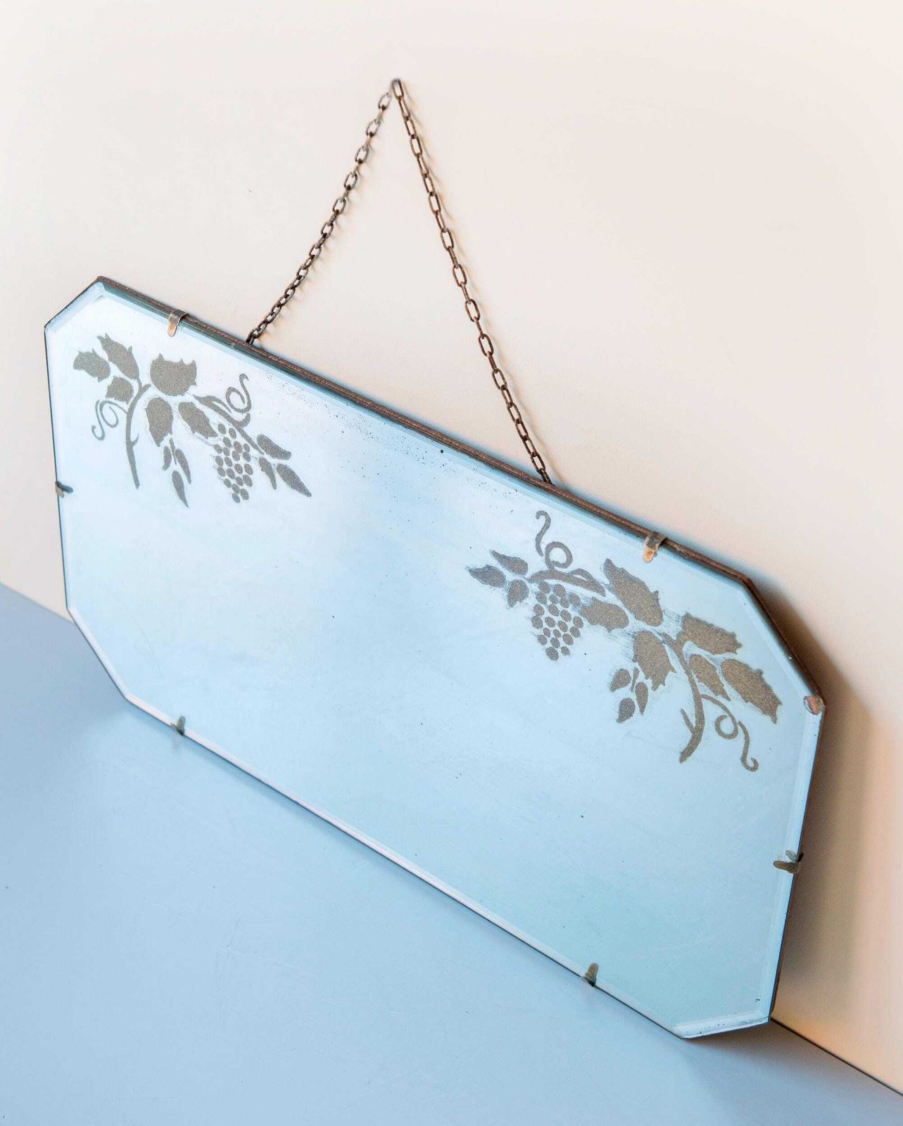 Art Deco Wall Mirror With Grapes Motif & Hanging Chain   Antique Frameless Etched Glass Mirror photo Home Decor