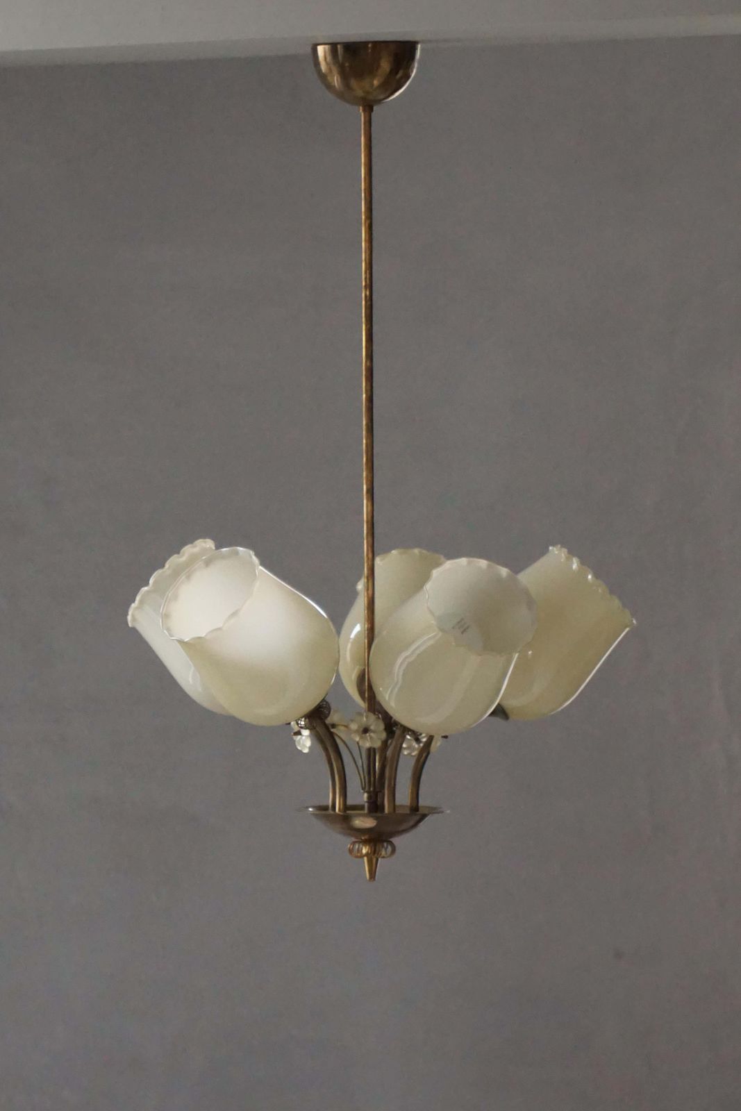 Mid Century Modern, Chandelier In Brass & Glass, Itsu, Finland, 1950s photo Lighting