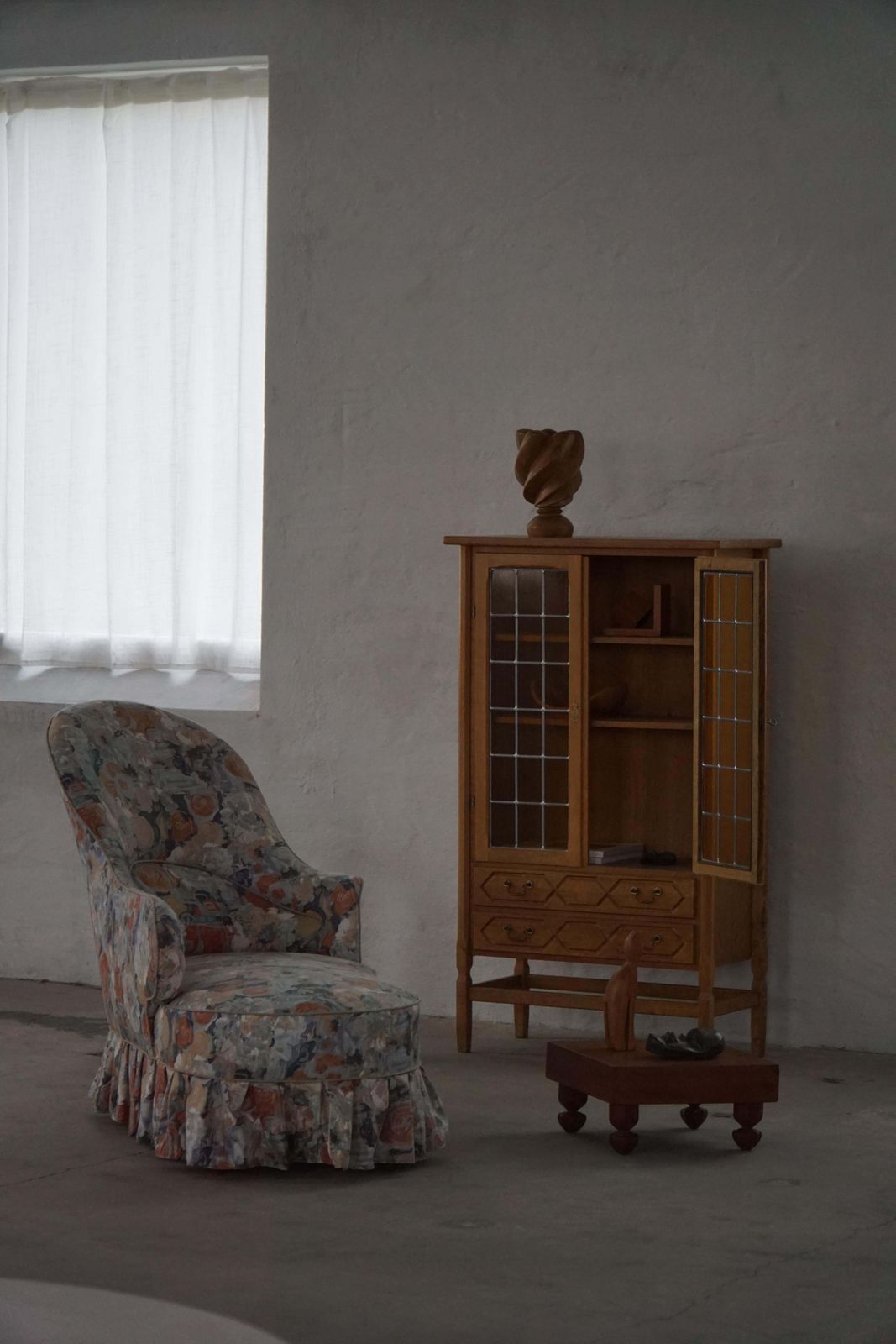 Danish Mid Century, Modern Oak Display Cabinet With Leaded Glass, 1960s photo for sale