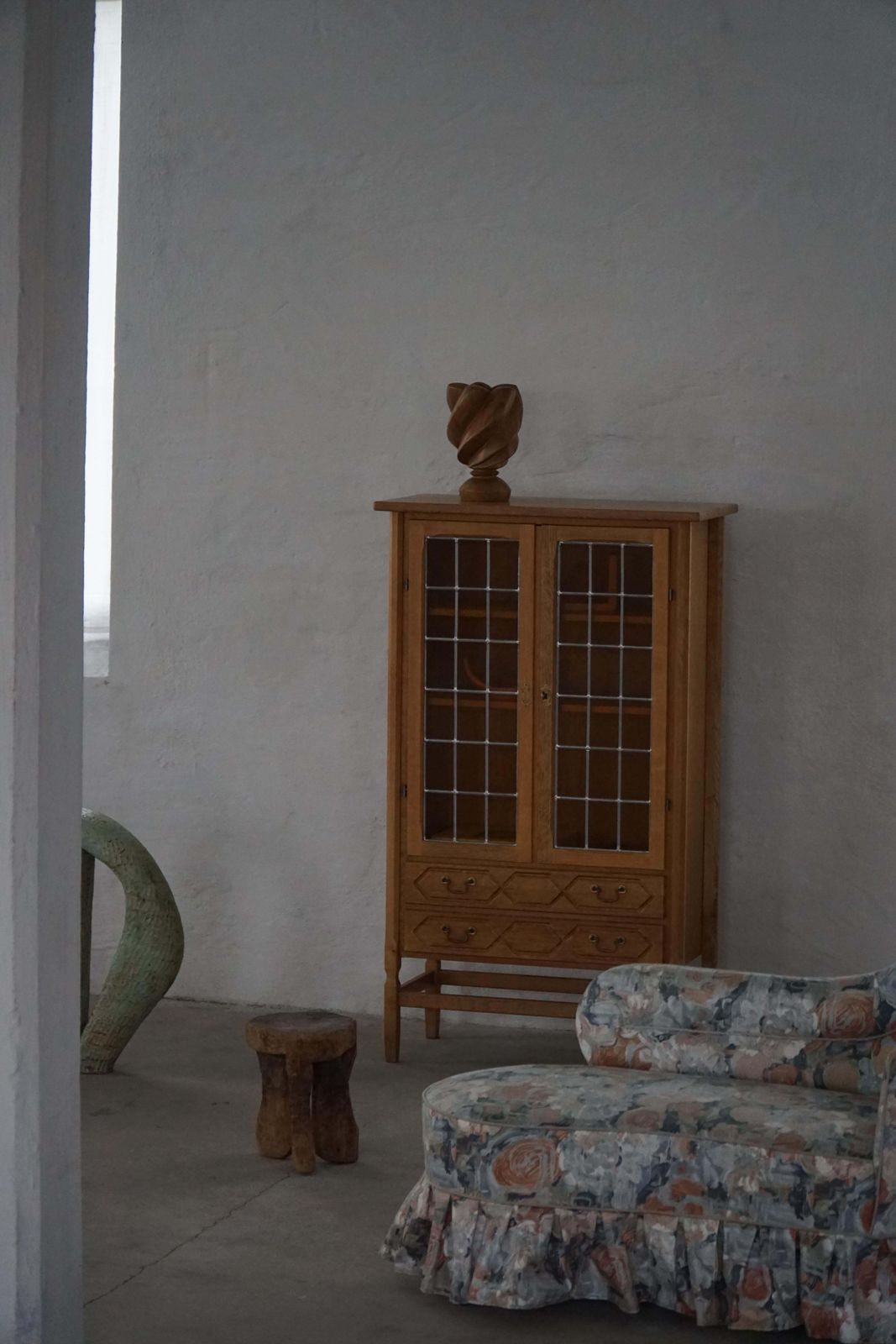 Danish Mid Century, Modern Oak Display Cabinet With Leaded Glass, 1960s photo buy