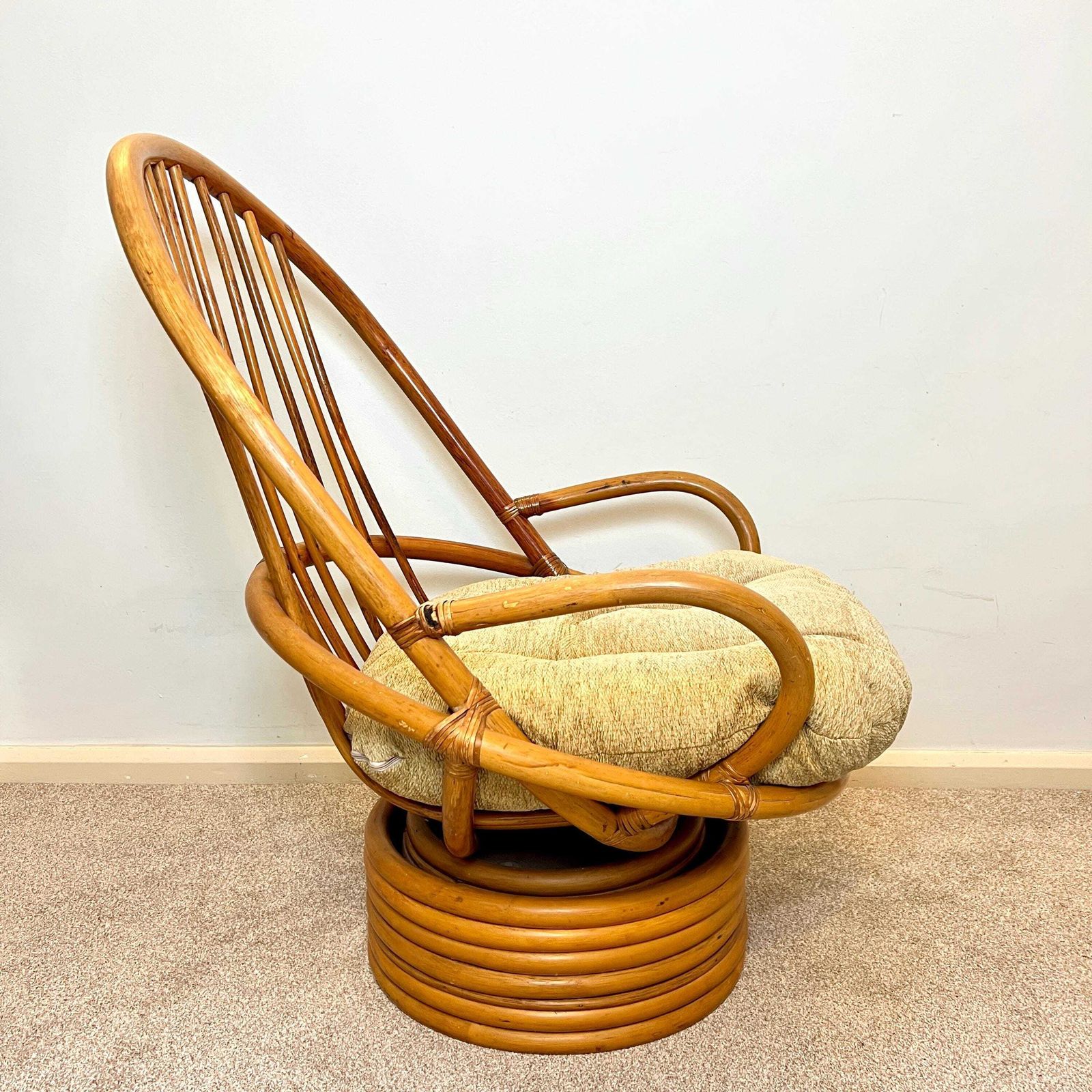 Vintage Bamboo Cane Swivel Egg Chair With Seat Cushion photo vinterior