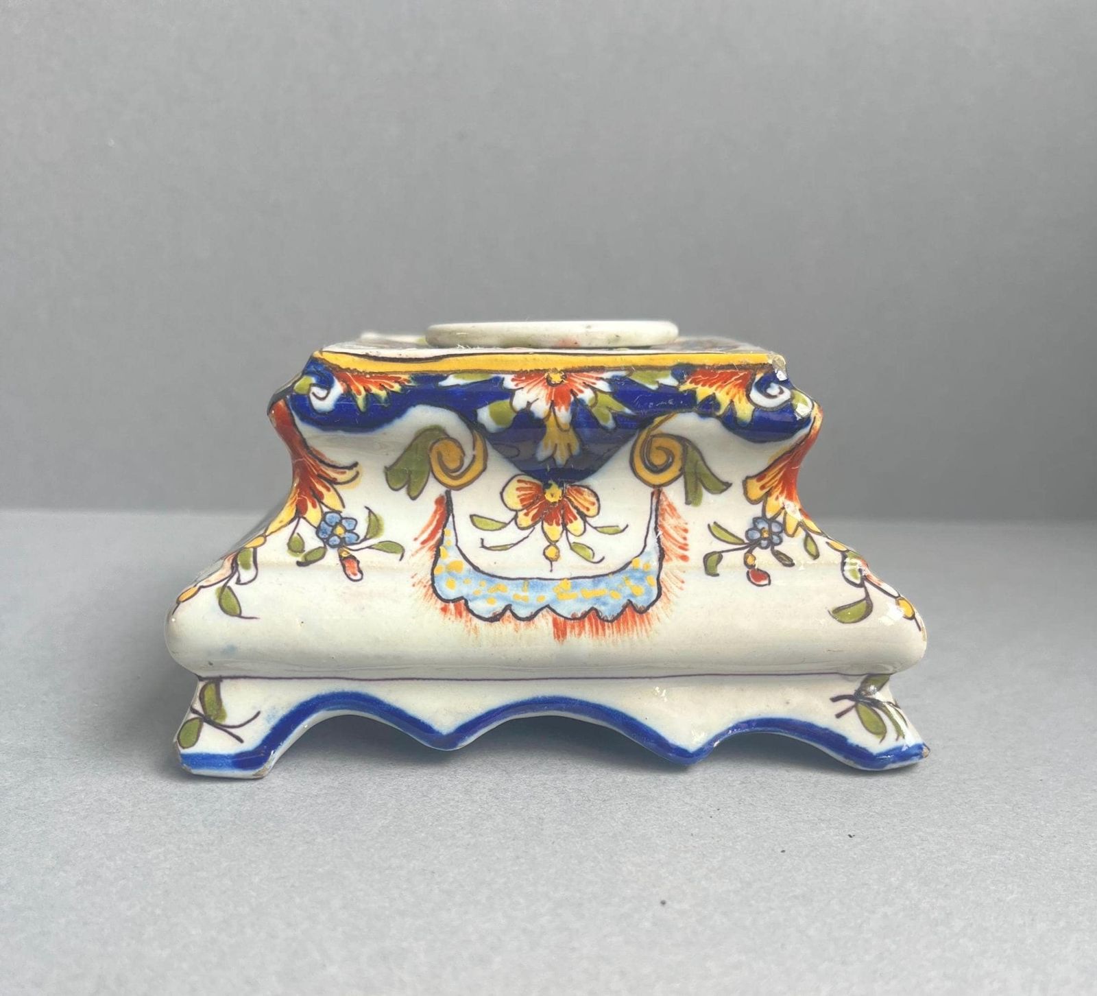 Antique French Porcelain Inkwell Stand | Hand Painted Rococo Revival Desk Accessory | Faince Candle Holder