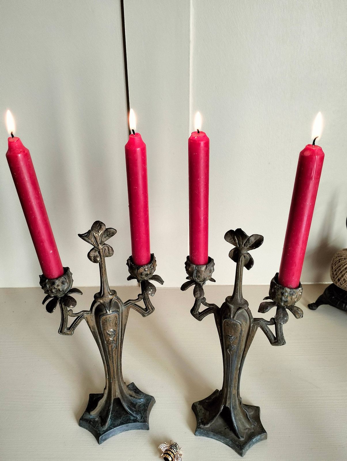 Pair Of Antique French Candelabra, Antique Spelter Candle Holders, Vintage Candlesticks photo vinterior