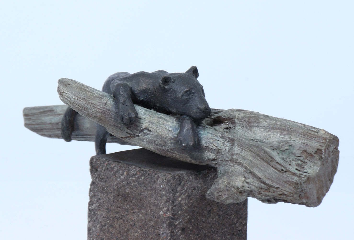 photo for sale Bronze Sculpture Of A Resting Lioness On Cold Painted Log