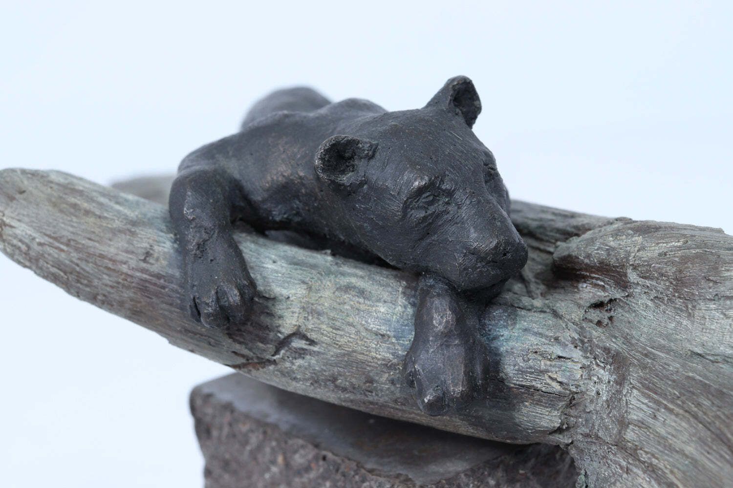 Art Bronze Sculpture Of A Resting Lioness On Cold Painted Log photo