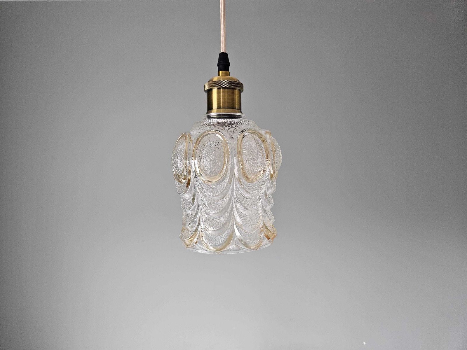 Set Of 3 Vintage Glass Pendant Lights | Textured Clear Glass | Brass Tone Kitchen Island Lighting photo furniture