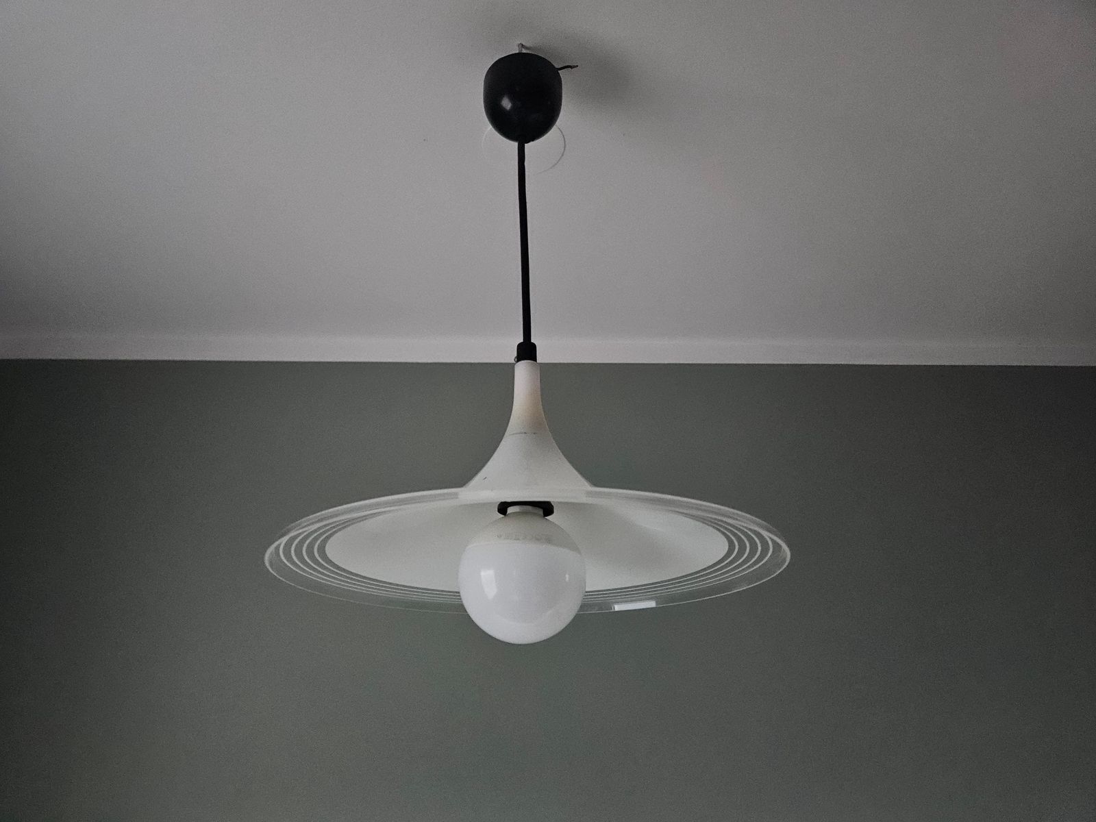 Vintage Meblo Trumpet Pendant Light | White Glass Mid Century Ceiling Lamp | Yugoslav Design photo for sale
