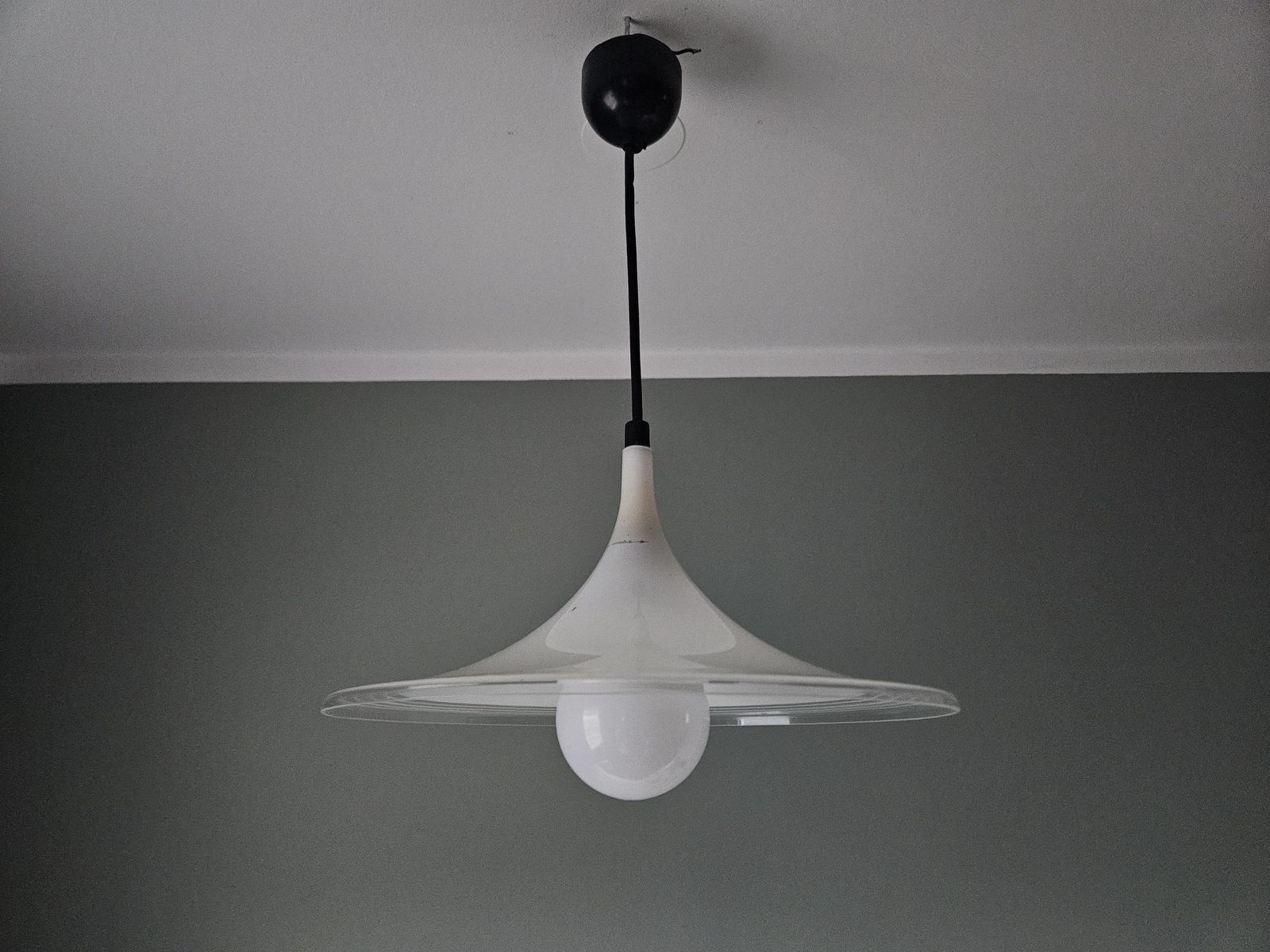 photo vintage Vintage Meblo Trumpet Pendant Light | White Glass Mid Century Ceiling Lamp | Yugoslav Design