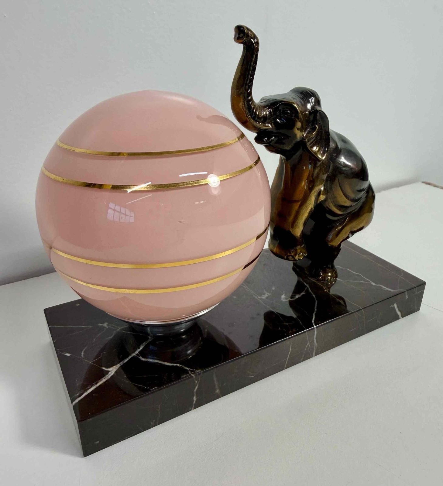French Art Deco Table Lamp With Elephant Sculpture And Pink Sphere, 1950s photo Lighting