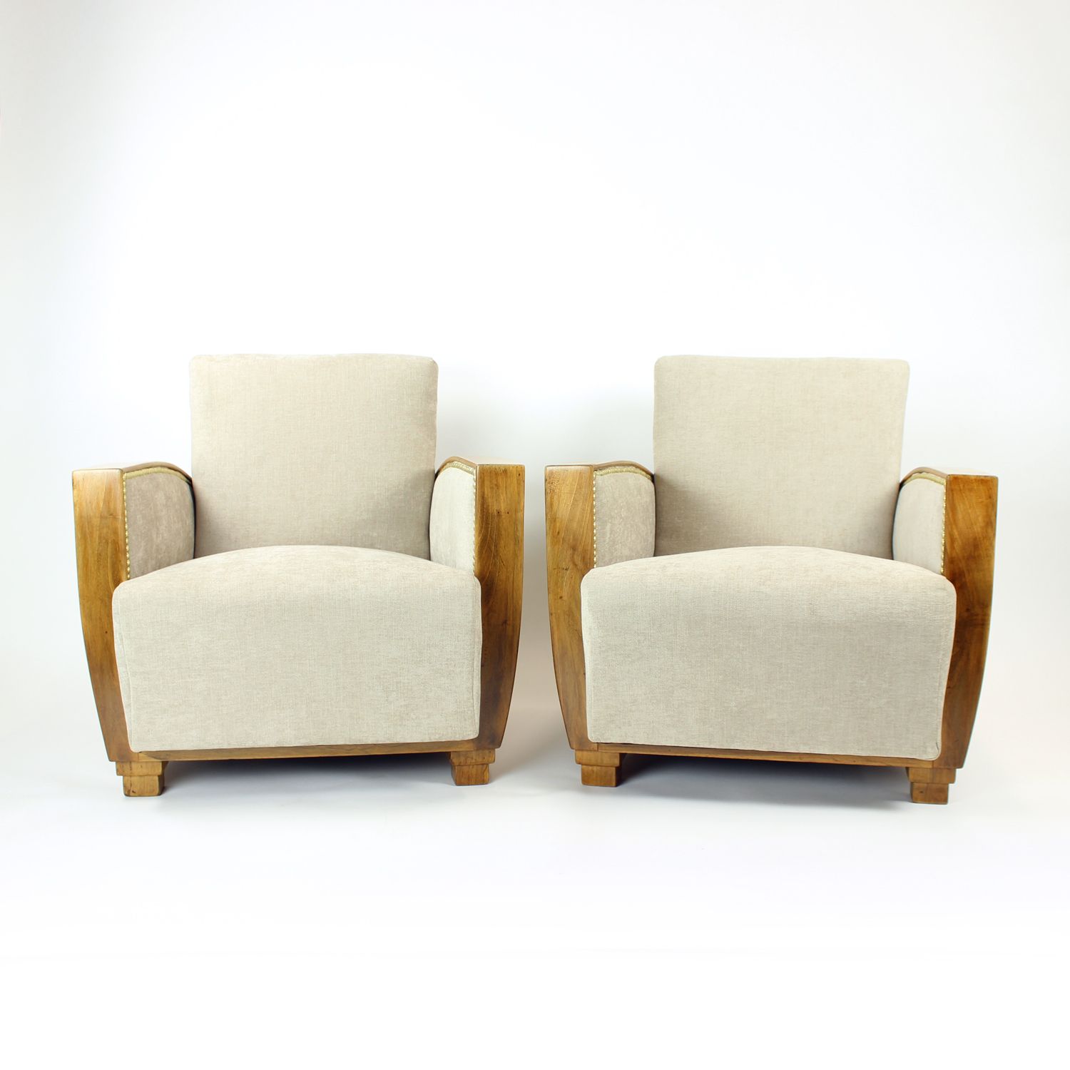 Set Of Two Art Deco Armchairs In Walnut And Fabric, Czechoslovakia 1930s photo furniture