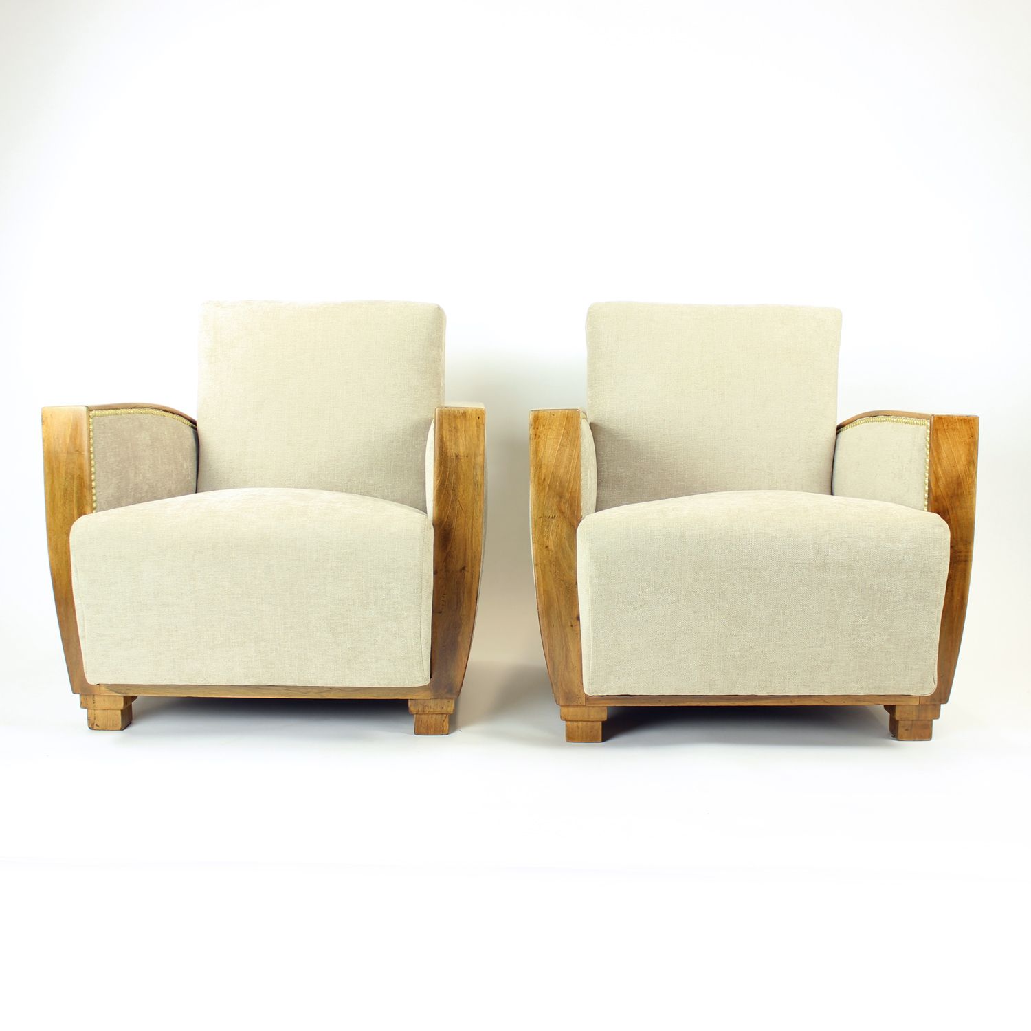 photo vinterior Set Of Two Art Deco Armchairs In Walnut And Fabric, Czechoslovakia 1930s