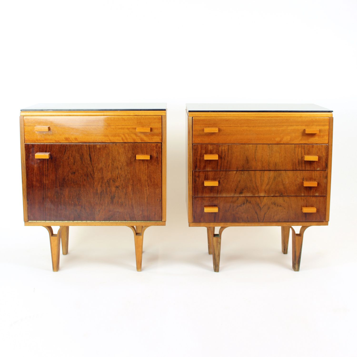Set Of Mid Century Bedside Tables In Walnut And Black Glass, Czechoslovakia 1960s photo furniture