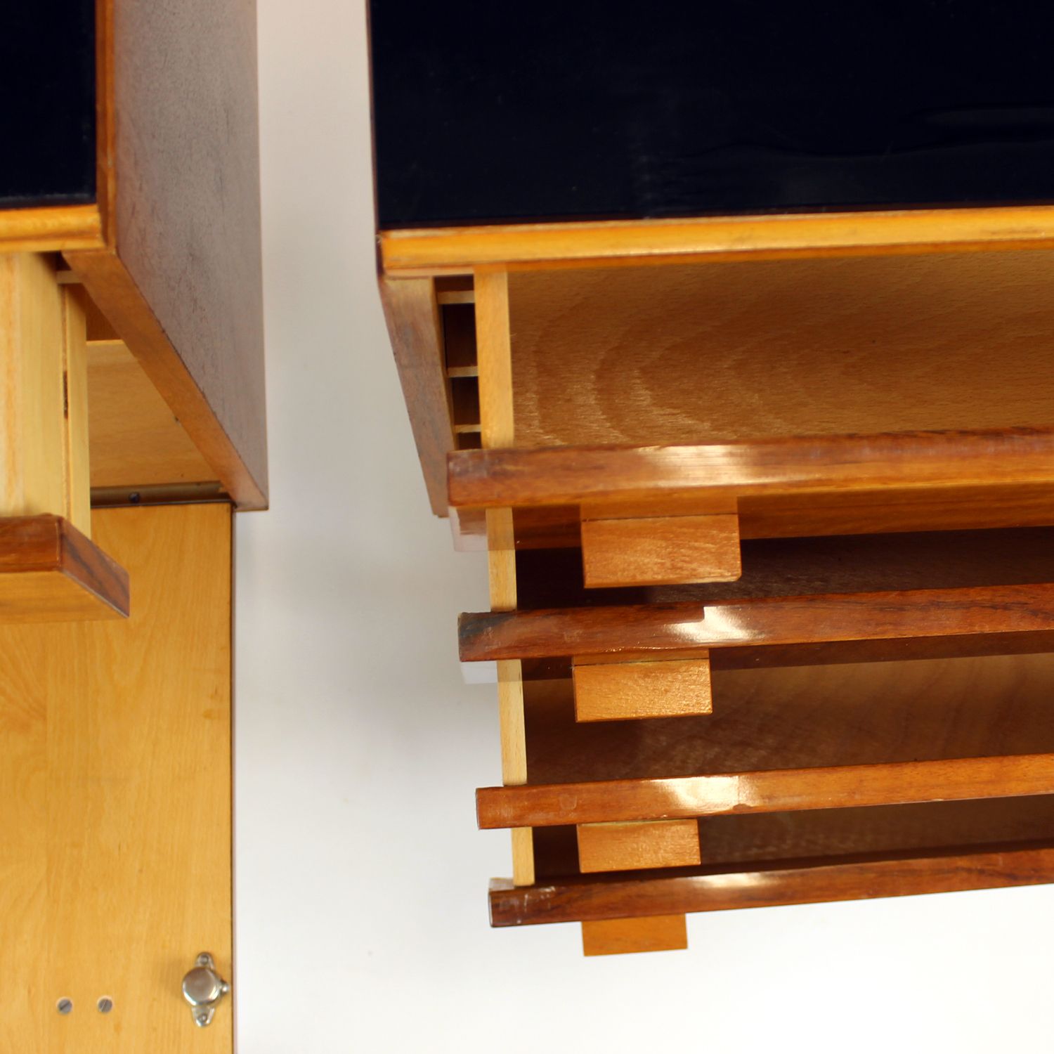 Set Of Mid Century Bedside Tables In Walnut And Black Glass, Czechoslovakia 1960s photo vintage