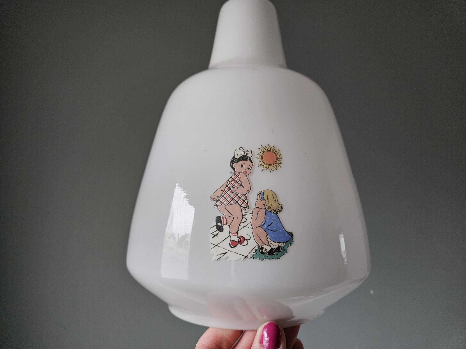 Vintage Children’s Glass Pendant Light – Illustrated Milk Glass, Rewired With Blue Textile Cable photo Lighting