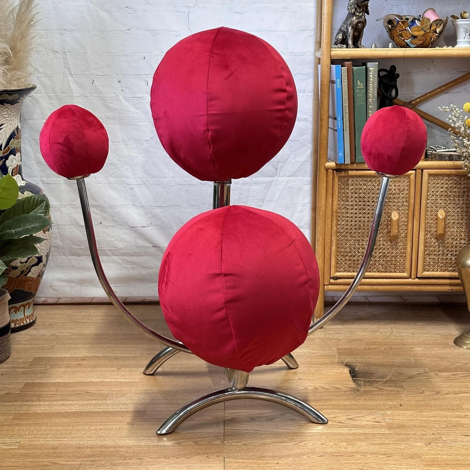 Alan Eagle Solar System Chair Red Velvet & Chrome Post Modern Orbital Design