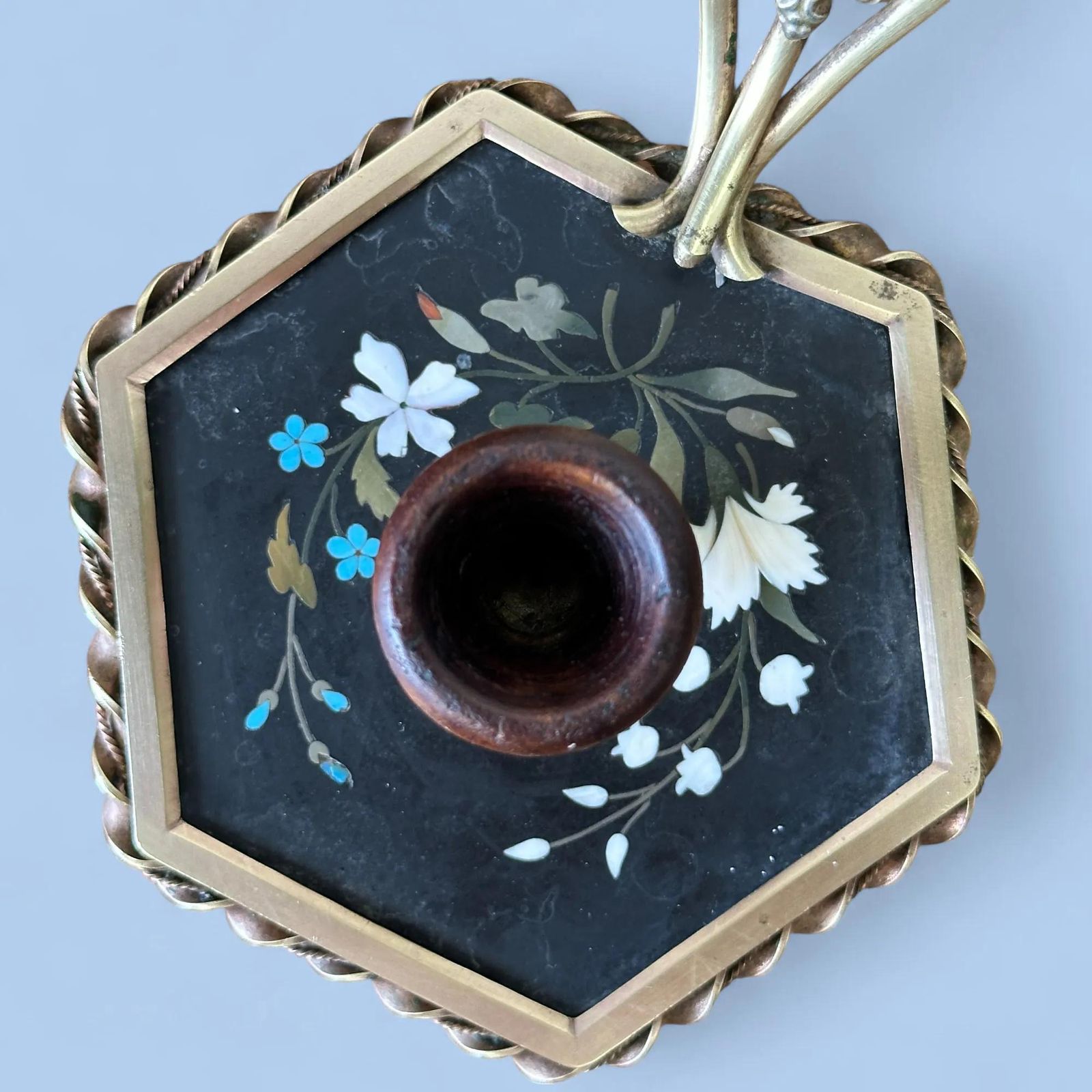photo furniture Rare 19th Century French Pietra Dura Chamberstick, Floral Inlay Brass Candle Holder