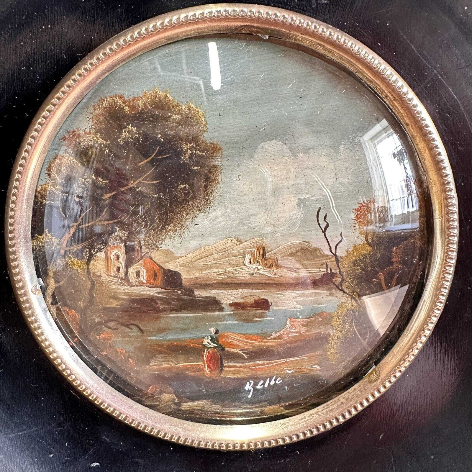 Antique Miniature Oil On Copper Landscape Round Tondo Frame Signed 19th C photo Art