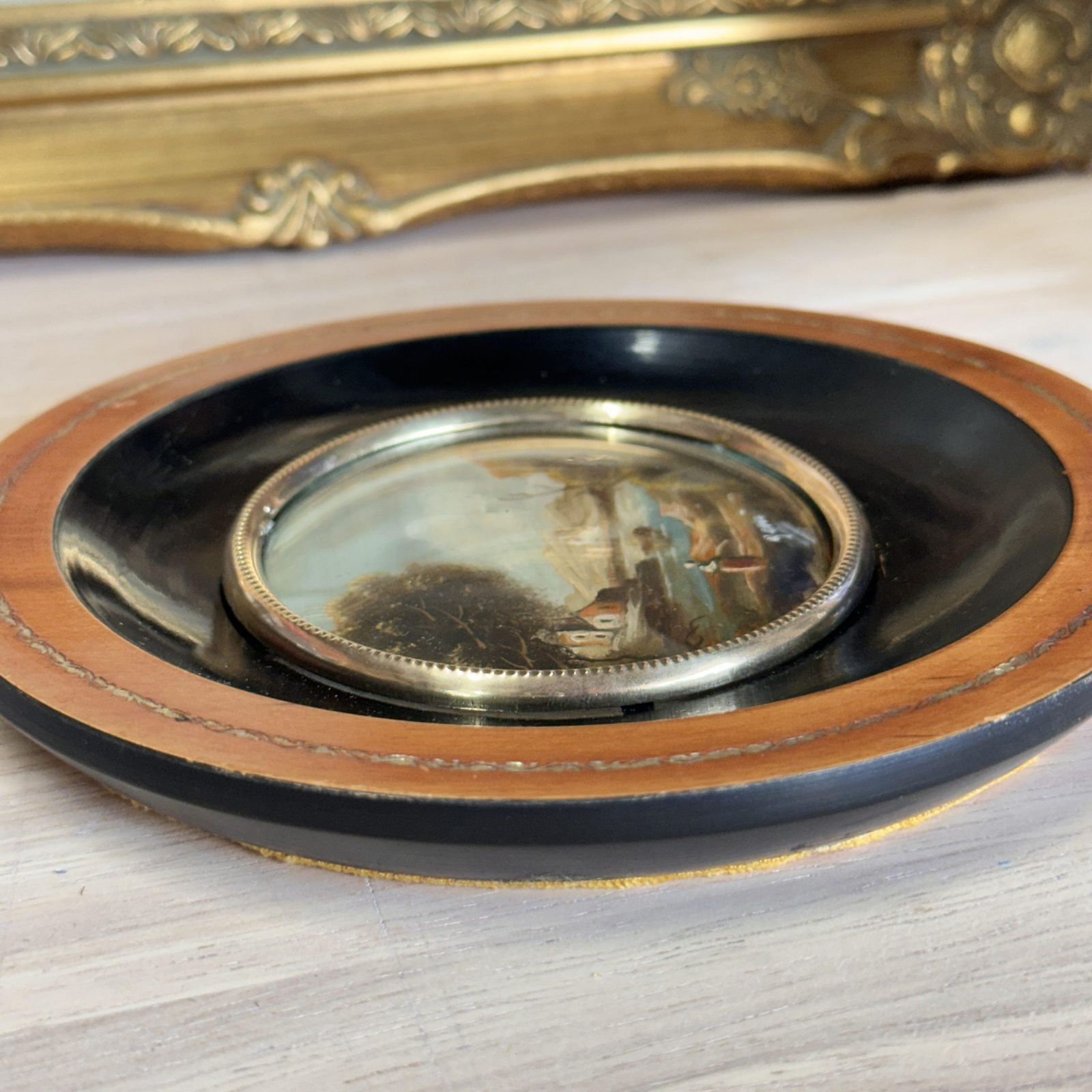 Antique Miniature Oil On Copper Landscape Round Tondo Frame Signed 19th C photo 143.0