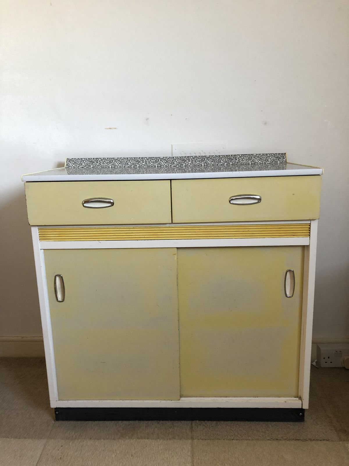 Rare 1950s 60s Formica Topped Kitchen Base Cupboard Yellow Sliding Doors Mid Century