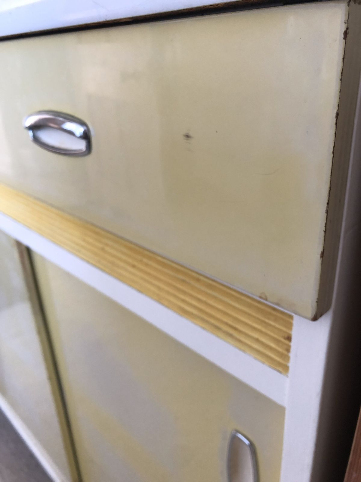 Rare 1950s 60s Formica Topped Kitchen Base Cupboard Yellow Sliding Doors Mid Century photo vintage