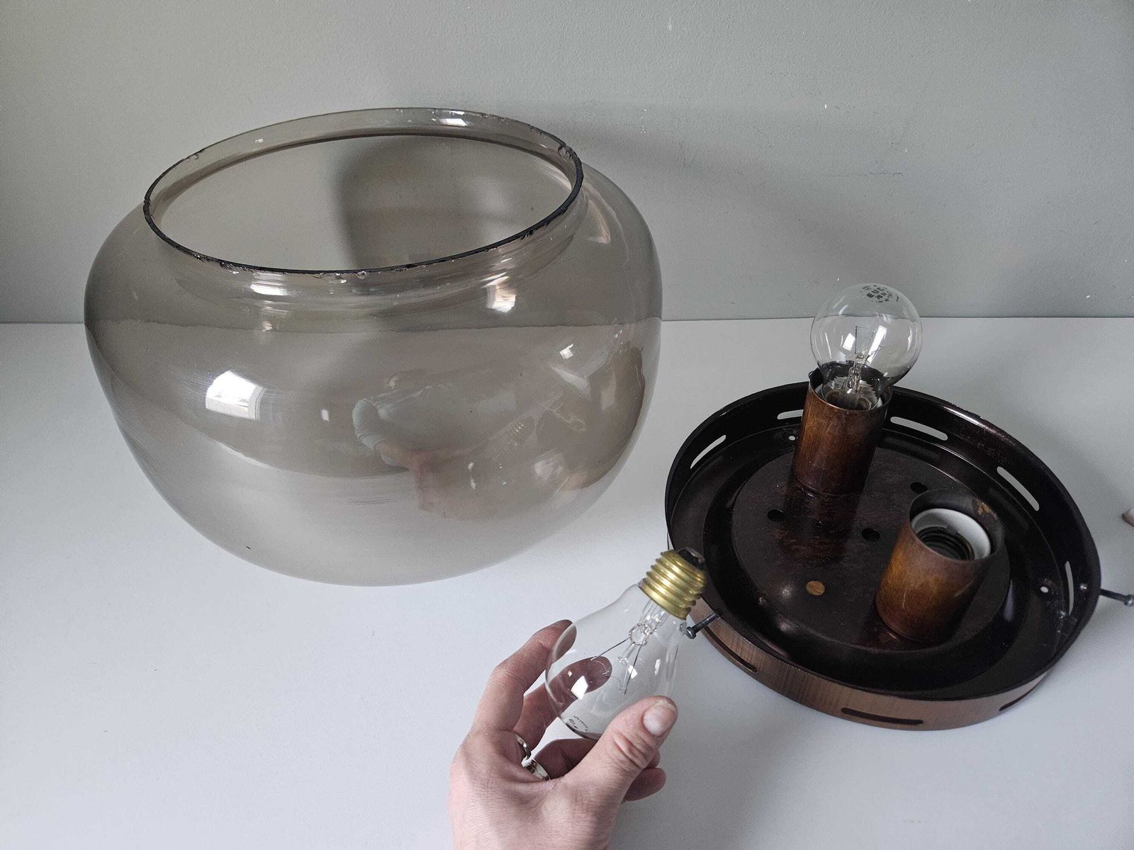 Vintage Glass Flush Mount Ceiling Light | Smoked Glass Shade | Copper Tone Fixture | Mid Century Style photo vinterior